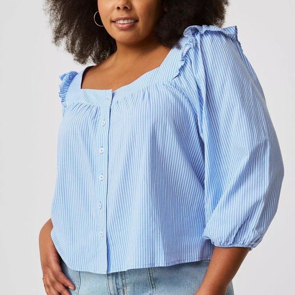 TORRID WOMENS RUFFLE TRIM STRIPED BLOUSE BLUE WHITE 2X NEW WITH TAGS - Picture 1 of 6